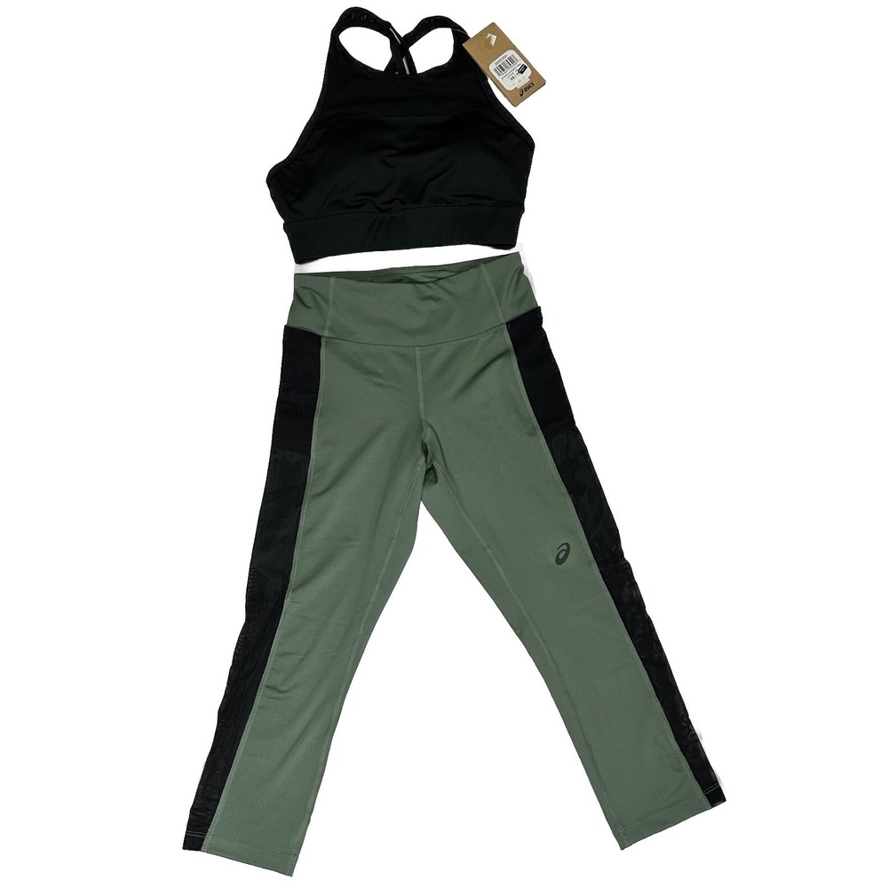 ASICS Kate Pocket Capri Leggings Green Black Mesh Kate Strappy Bra Black Size XS